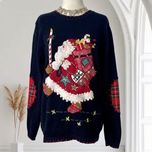 Vintage Classic Americana Santa Embroidered Knitted Christmas Holiday Sweater M